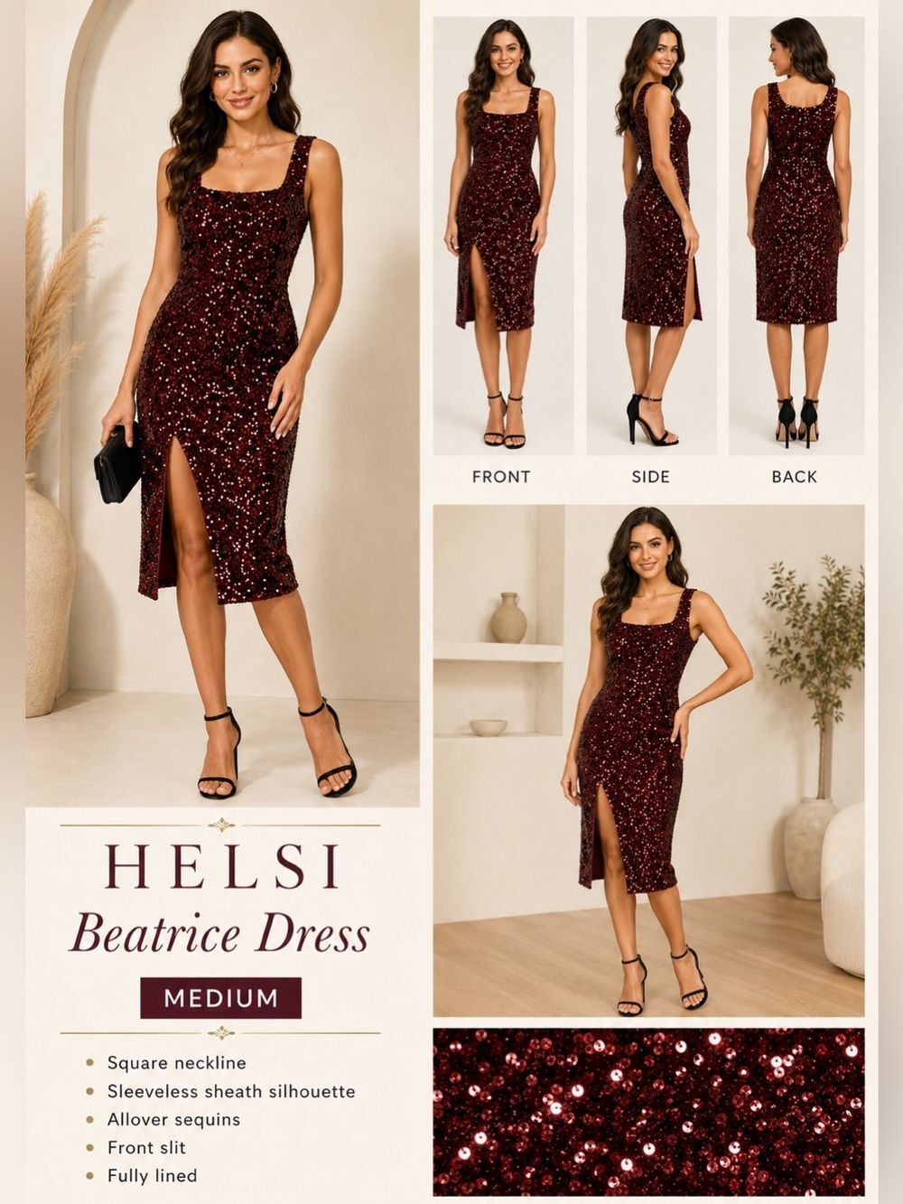 HELSI Beatrice Burgundy Sequin Square Neck Midi Dress Size Medium